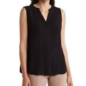 Adrianna Papell Textured Black Sleeveless Split V-Neck Tunic Blouse Large